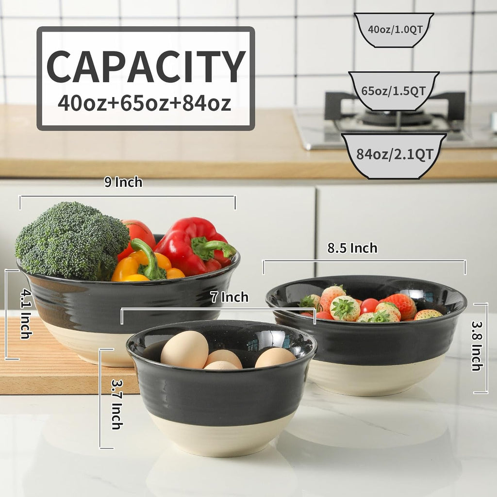 Hasense Large Ceramic Mixing Bowls, 2.1/1.5/1.0 Qt Salad Bowls for Kitchen, Versatile Serving Bowls for Cooking, Baking, Salad Mixing, Prepping, Nesting Black Bowl Set of 3, Dishwasher Microwave Safe