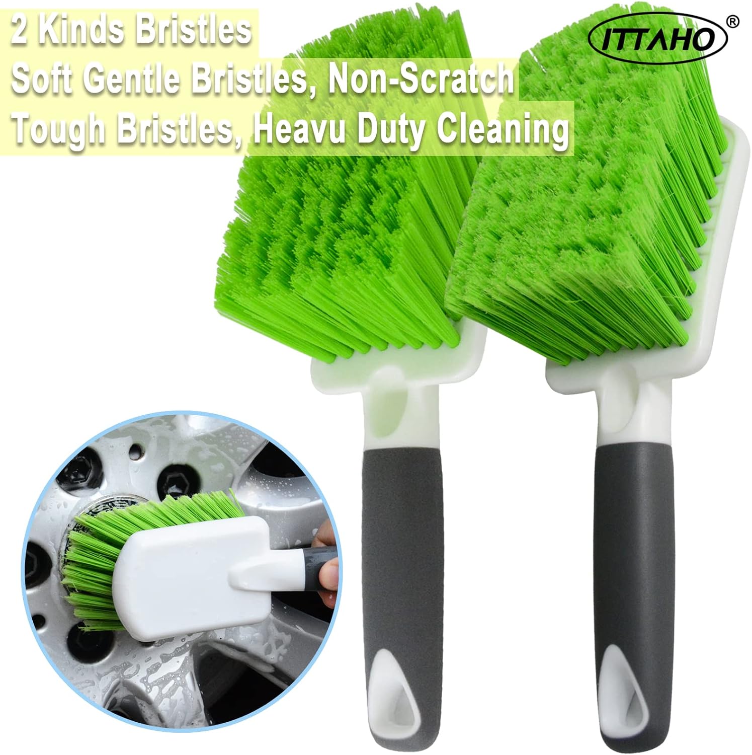 ITTAHO 2 Pack Car Wash Brush, Tire Brush for Cleaning Tires, Soft & Stiff Bristle Wheel Cleaner, Car Cleaning Supplies for Wheels, Rims, Carpet, Truck, SUV, Moto, RV, Motorcycle