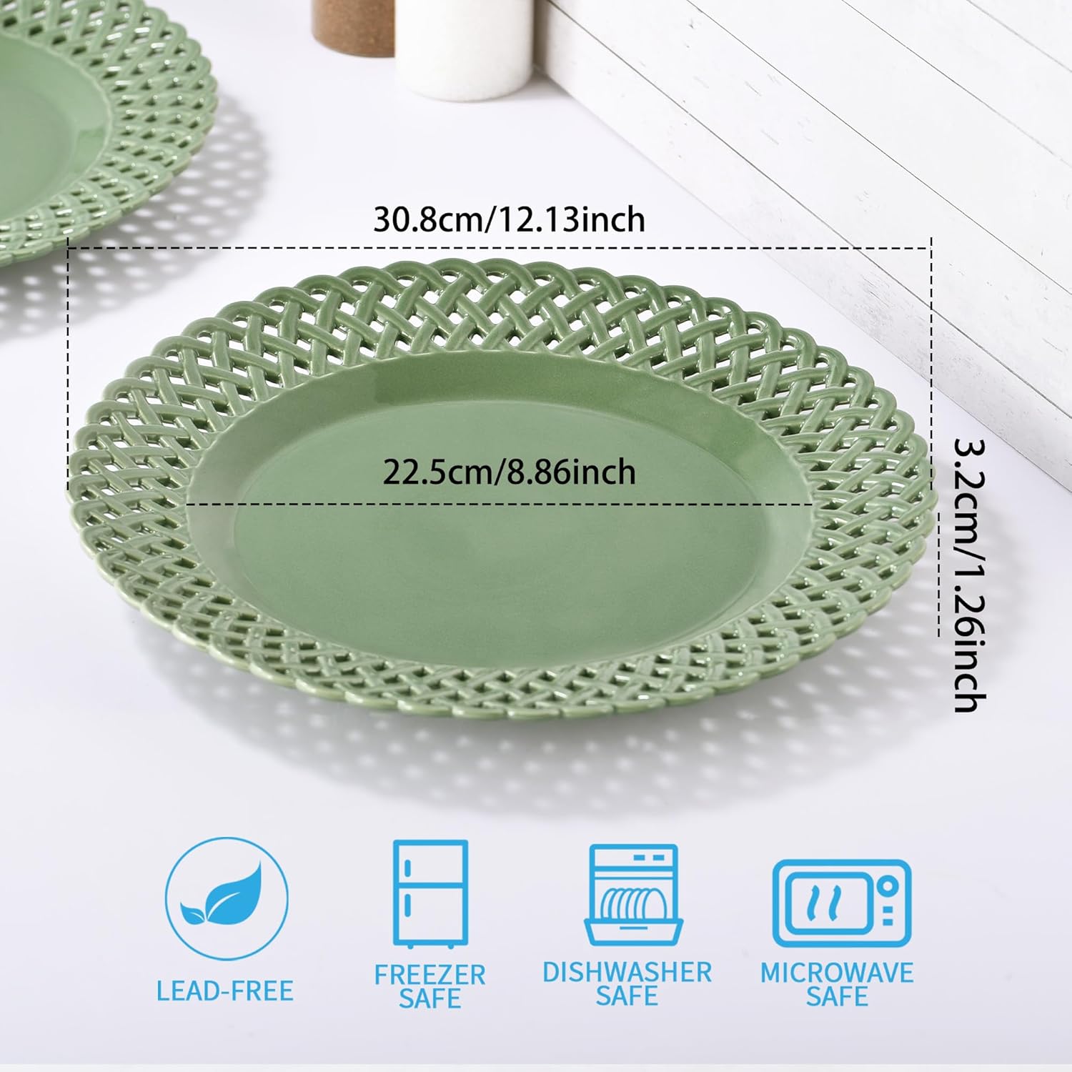 Graceful Basketweave Wide Rim 12 inch Dinner Plates, Extra Large Round Platter Scallop Serving Tray Set of 4, for Restaurant, Kitchen, Party, Home, Wedding, Gift, Microwave Dishwasher Safe, Sage Green