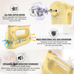 Electric Hand Mixer with Stainless Steel Whisk, Dough Hook Attachment and Storage Bag, Handheld Mixer for Baking Cakes, Eggs, Cream Food Mixers. Turbo Boost /5 Speed Kitchen Blender YELLOW