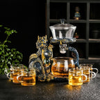 Glass Teapot Set with Infuser Semi Automatic Dragon Tea Set with 6 Small Cups (Blue golden dragon)