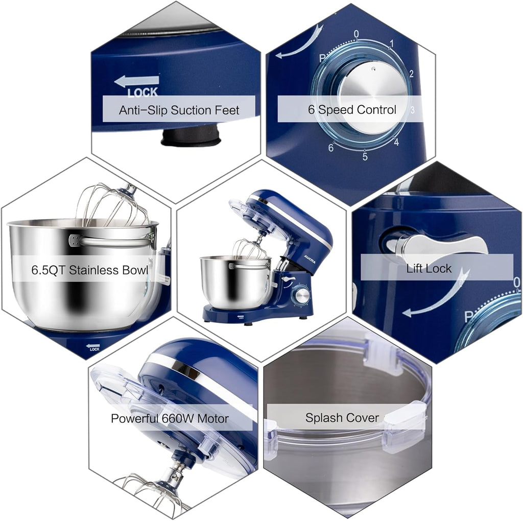Aucma Stand Mixer,6.5-QT 660W 6-Speed Tilt-Head Food Mixer, Kitchen Electric Mixer with Dough Hook, Wire Whip & Beater (6.5QT, Royal Blue)