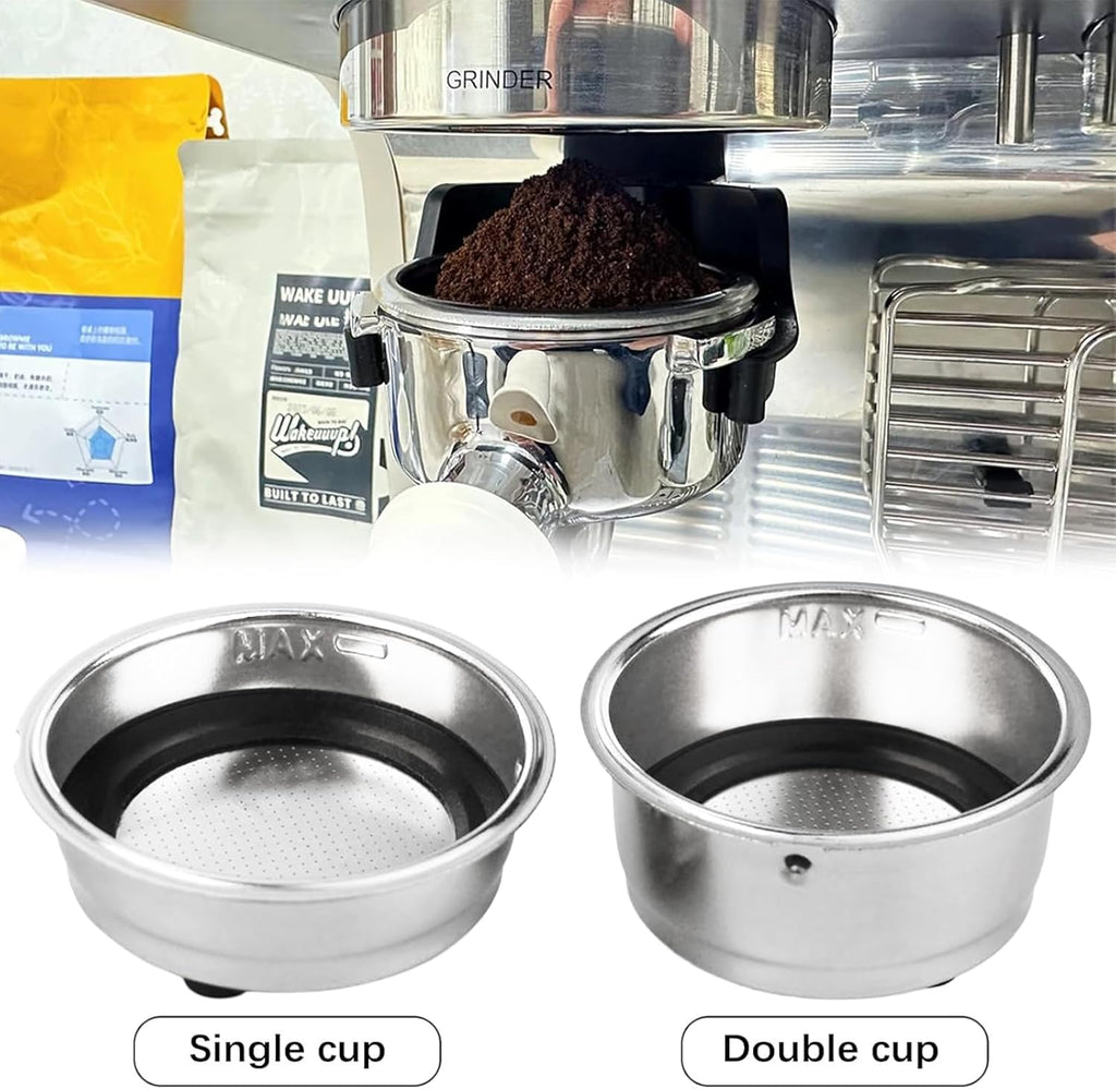 2Pcs Coffee Filter Basket, 51mm Pressurized Coffee Filter Cups Strainer Stainless Steel With Strainer, Coffee Detachable Espresso Machine Portafilter Basket Replacement for Home Office (Single+Double)