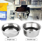 2Pcs Coffee Filter Basket, 51mm Pressurized Coffee Filter Cups Strainer Stainless Steel With Strainer, Coffee Detachable Espresso Machine Portafilter Basket Replacement for Home Office (Single+Double)