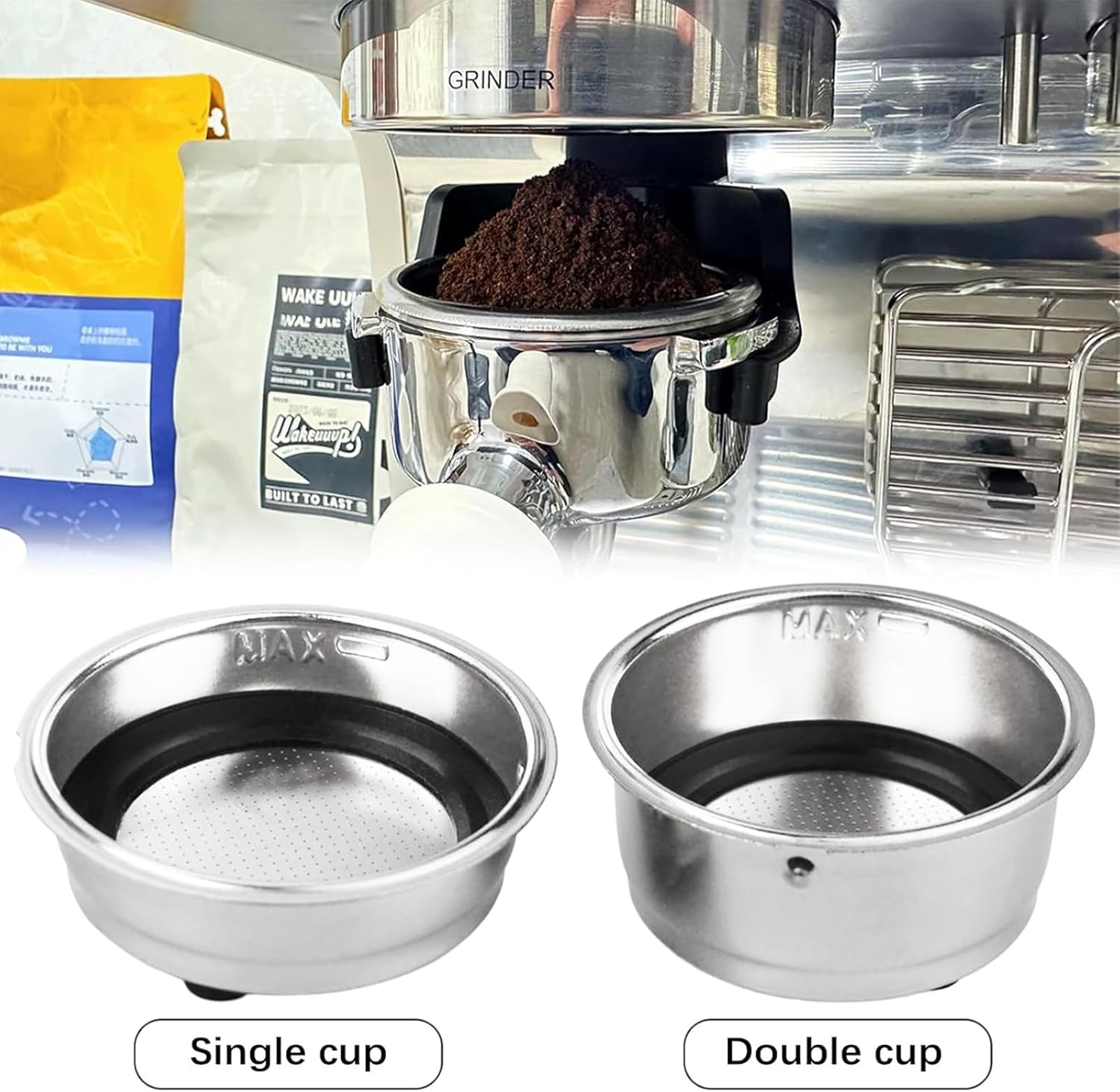 2Pcs Coffee Filter Basket, 51mm Pressurized Coffee Filter Cups Strainer Stainless Steel With Strainer, Coffee Detachable Espresso Machine Portafilter Basket Replacement for Home Office (Single+Double)