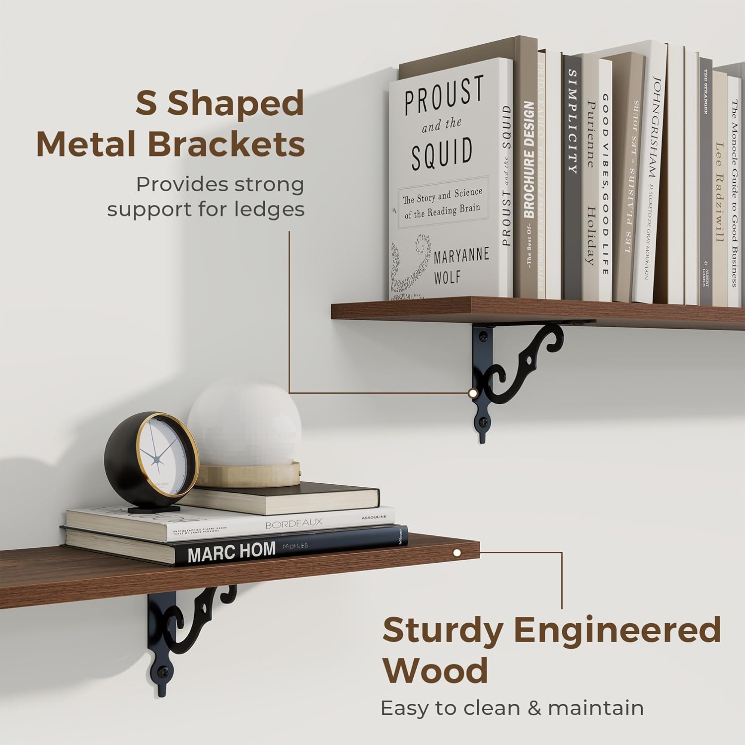 RICHFOCUS Floating Shelves for Wall Decor, 8 Inch Deep Shelves Set of 2, 16W x 8D Floating Shelves Wall Mounted with Metal Brackets, Rustic Wood Shelves for Living Room Bedroom Kitchen, Walnut