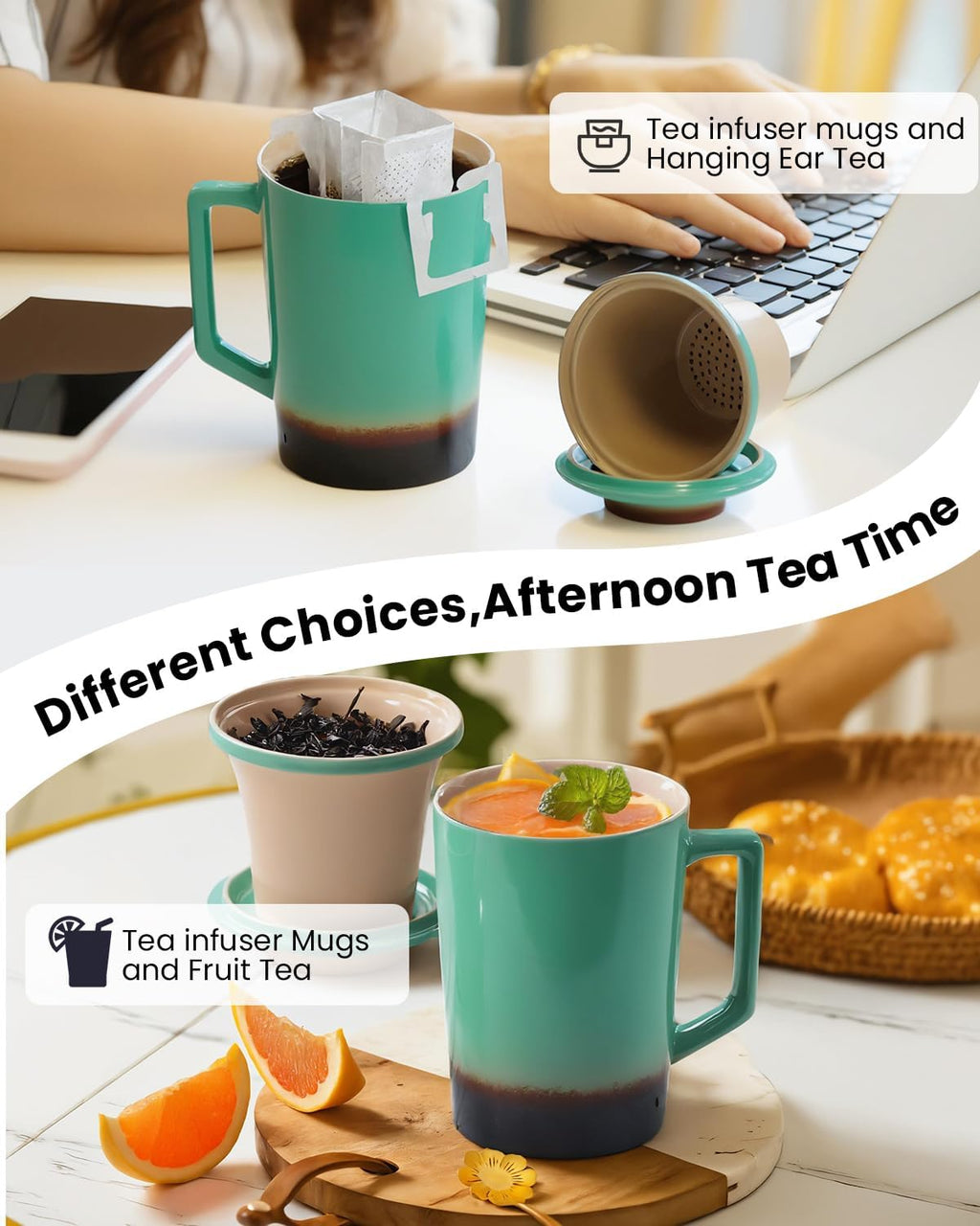 15 OZ Porcelain Tea Infuser Cup with Lid,Ceramic Tea Mug with All-Porcelain Strainers for Loose Leaf Teas,Microwave and Dishwasher Safe Coffee Mug,Metal-Free,BPA-Free,Gifts for Tea-Lover (Green)