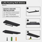 Lufia Floating Wall Shelves, Set of 2, MDF with Invisible Brackets, Modern Storage for Bedroom, Bathroom, Living Room, Kitchen (Black, 24" W x 7" D x 1.5" H)