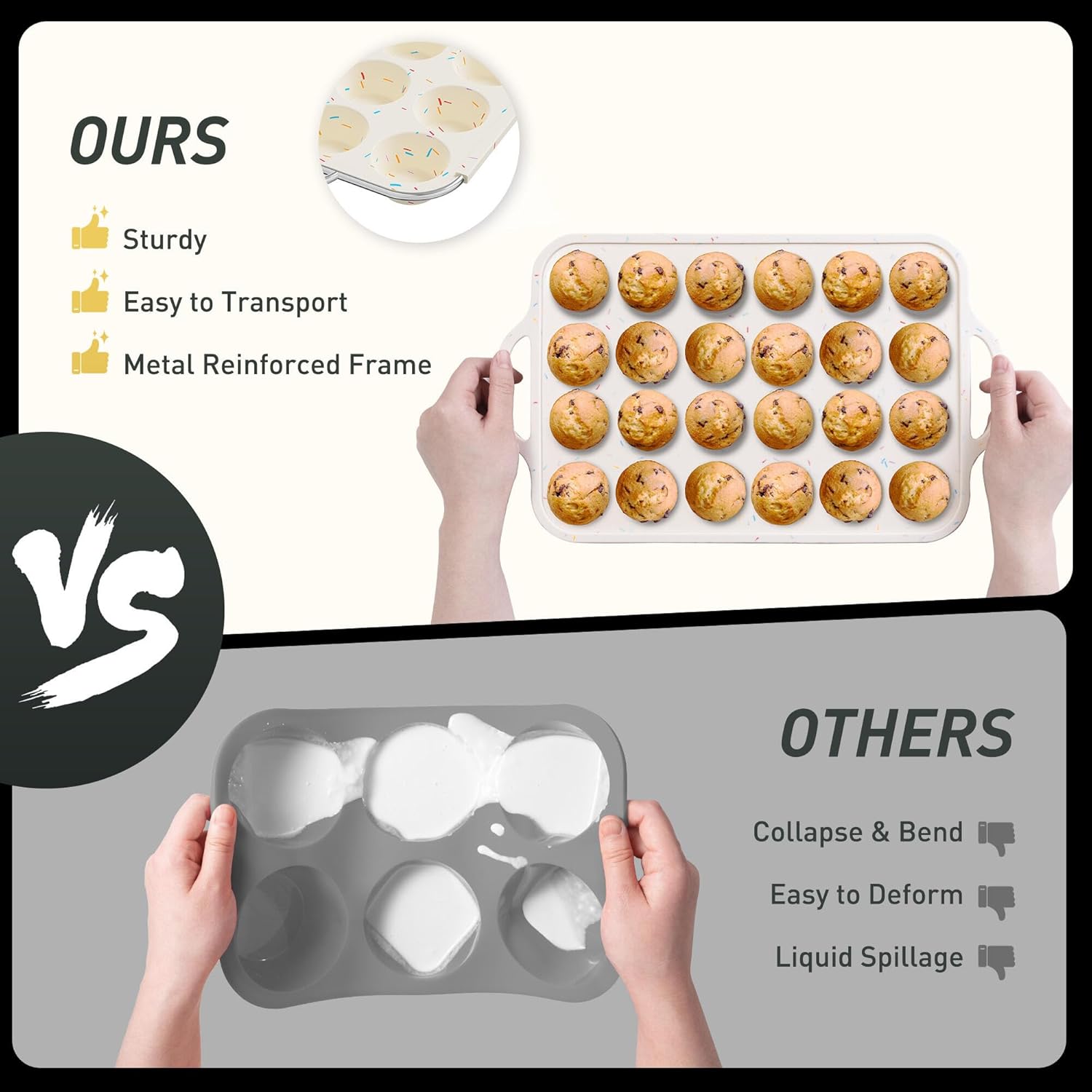 24 Cups Silicone Muffin Pan with Metal Reinforced Frame Mini Size Cupcake Pan Tray Egg Bites Silicone Circle Cookie Molds Muffin Tin Tart Pans Non Stick Toxic Oven Safe Baking Sheet Set