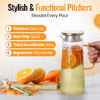 Glass Water Pitcher with Stainless Steel Lid, 2 Pack, 50 oz 1.5L - Borosilicate Glass Jug, Heat Resistant Carafe with Filter, Golden Vintage Design