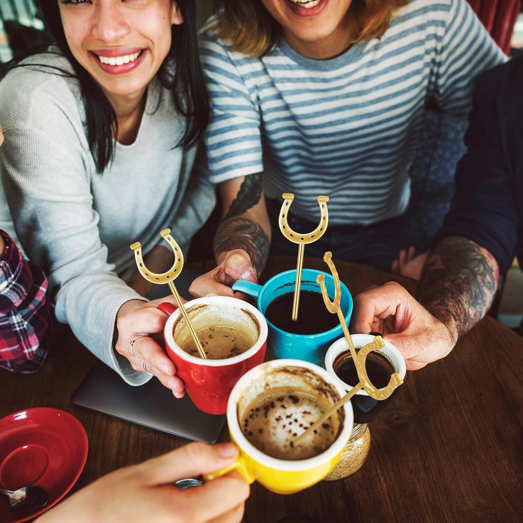 6 Inch Derby Drink Plastic Stirrers Swizzle Sticks for Cocktails Coffee Reusable U Shaped Horseshoe Drink Stirrers for Coffee Beverage Party Bar Weddings Events(Gold,60 Pcs)