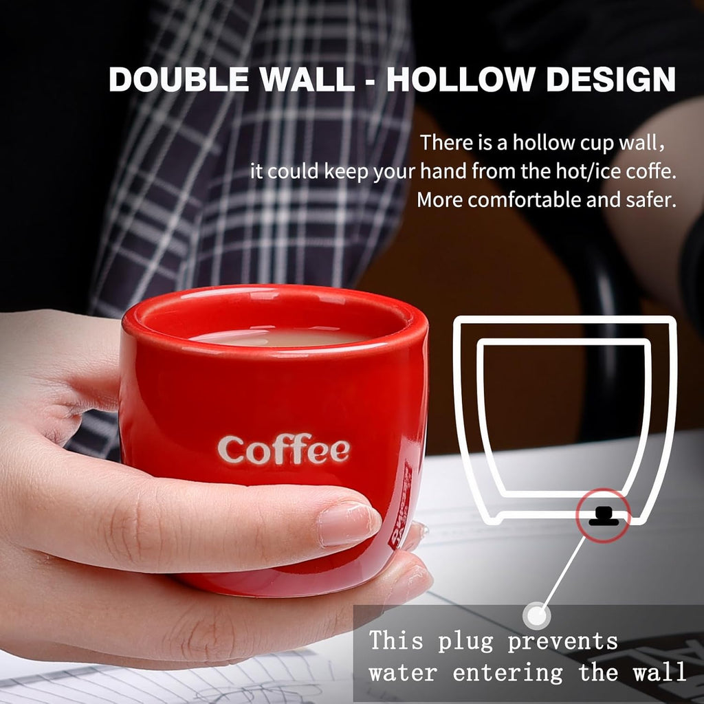 Ceramic Espresso Cup set of 6, One Shot Coffee Cups, Double Walled 3 oz/90 ml Tiny Cofffee Mugs Demitasse for Espresso, Porcelain Coffee Mugs Set of 6 colors