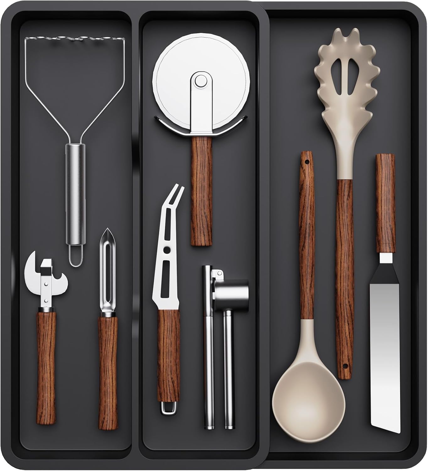 Lifewit Utensil Drawer Organizer, Expandable Cooking Silverware Tray for Kitchen Drawer, Adjustable Cutlery Flatware Holder, Plastic Spatula Tools and Gadgets Storage Divider, 3 Compartments, Black