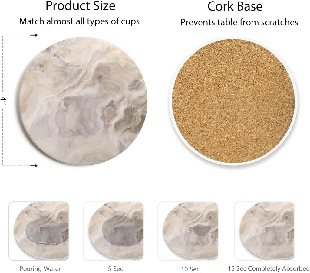 Set of 6 Abstract Marble Coasters with Holder, Absorbent Ceramic Coasters for Drinks, Coasters with Cork Backing for Table Protection, Housewarming Gifts for New Home