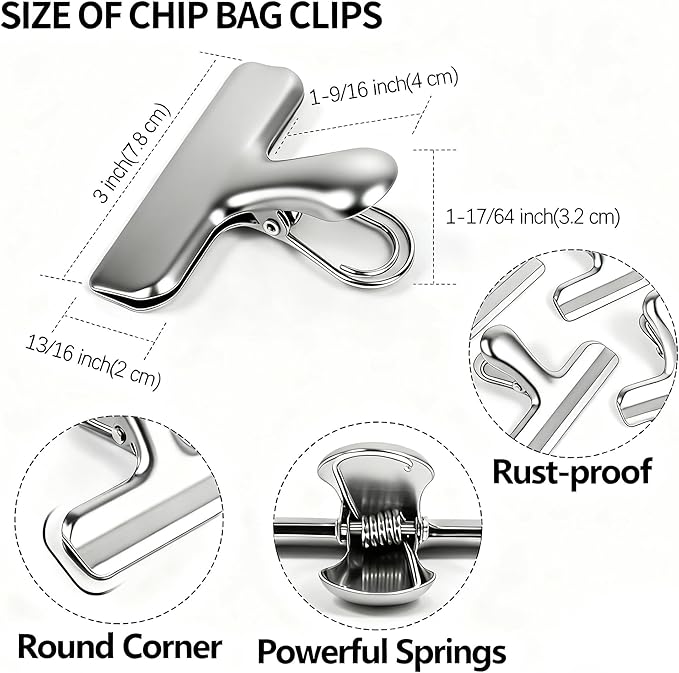 6 Pack Heavy-Duty Stainless Steel Chip Clips，3" Wide Air Tight Bag Clips for Food，Air Tight Seal Food Bag for Kitchen & Home (Silver Finish)
