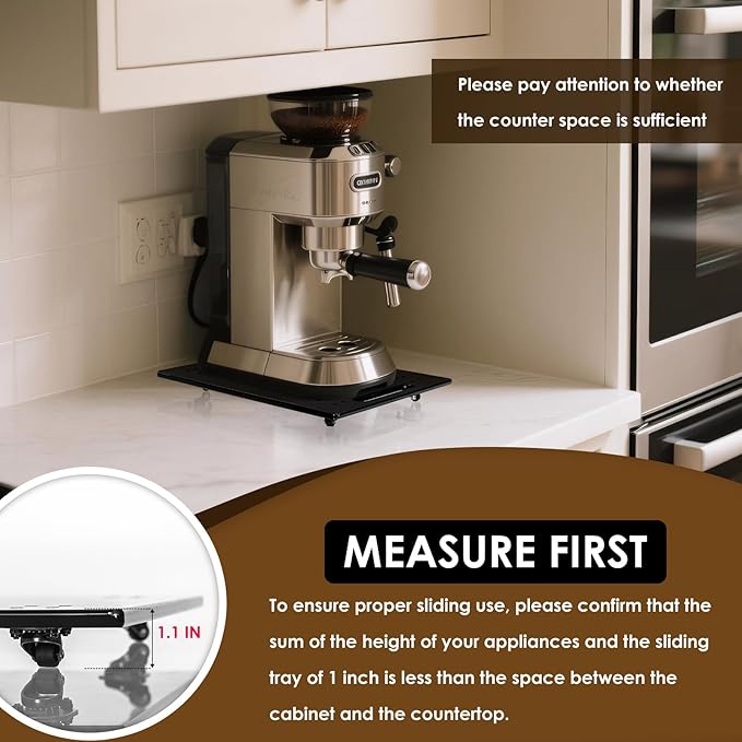 360° Sliding Tray for Coffee Maker & Kitchen Appliances - Silent Rubber Wheels, Acrylic Organizer Tray for Under Cabinet - Space Saving Countertop Accessory, 13x14 Inch (Black)