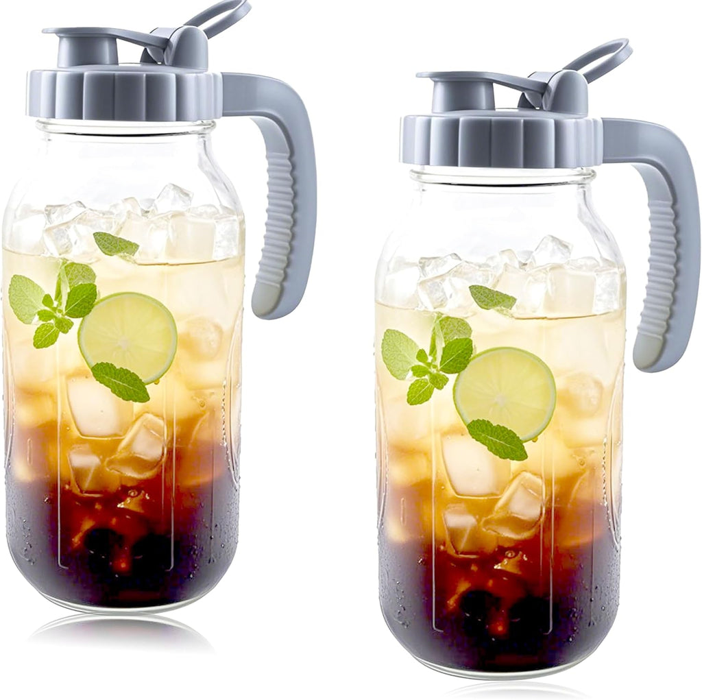 64 Oz Glass Mason Jar Water Pitcher With Lid Half Gallon Wide Mouth Sun Tea Pitchers 2 Quart Cold Brew Hot Water Jug Carafe For Coffee,Lemonade, Beverage,Milk,Juice Container For Refrigerator