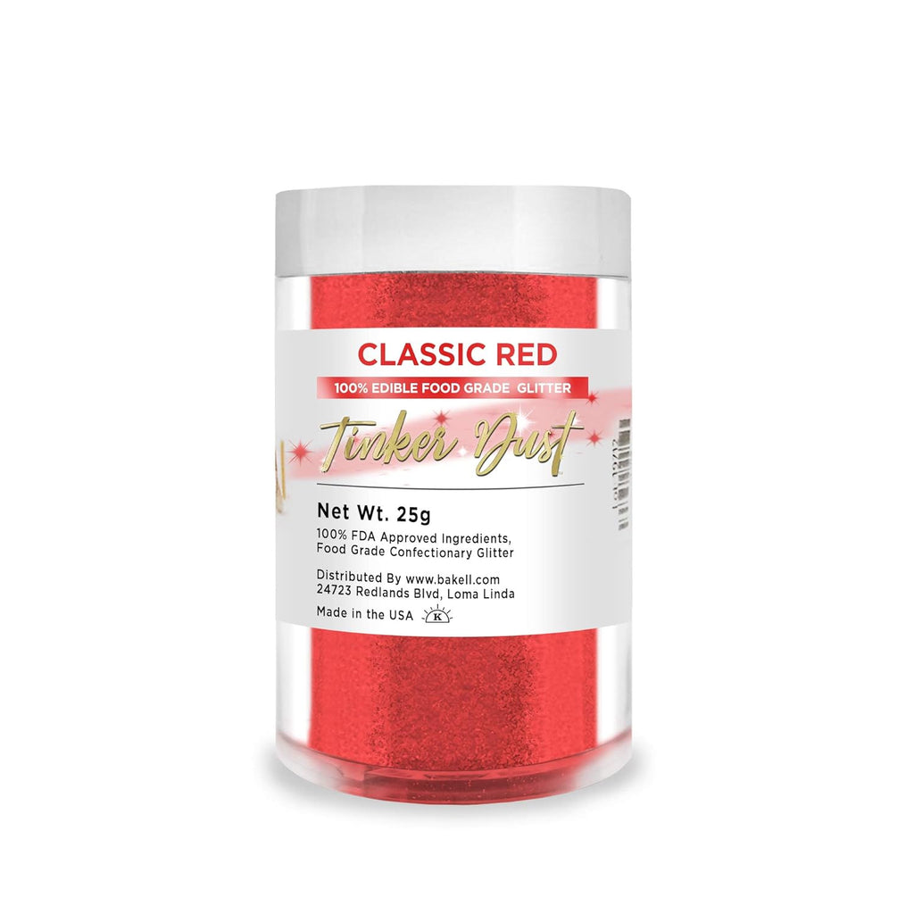 BAKELL Classic Red Edible Glitter, 25 Grams | TINKER DUST Edible Glitter | KOSHER Certified | 100% Edible Glitter | Cakes, Cupcakes, Cake Pops, Drinks, Dessert Vegan Glitter & Dusts (25g, Classic Red)