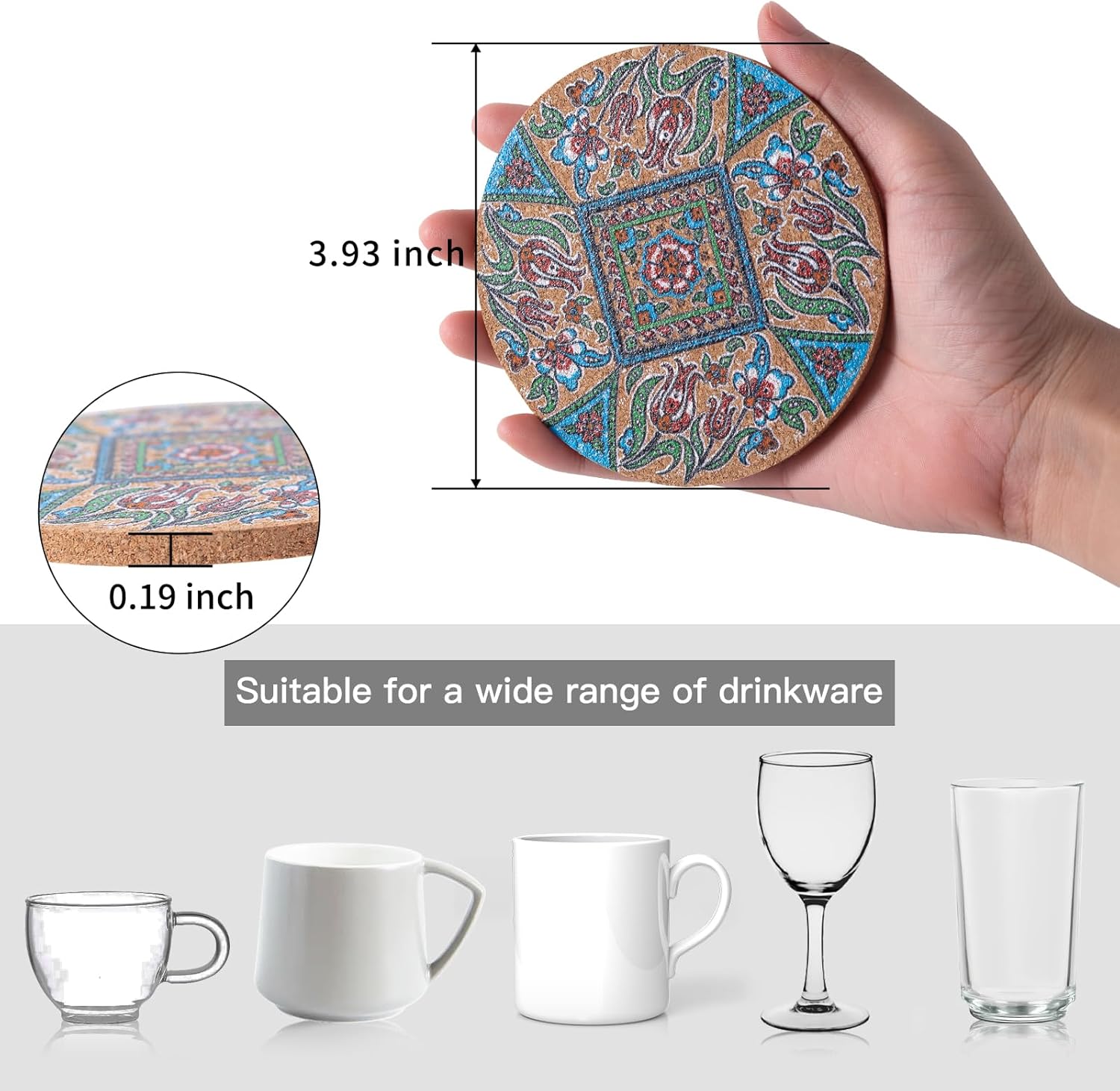 Coasters for Drinks 12 pcs Absorbent Cork Coasters with Turkish Mandala Pattrn for Coffee Table Housewarming Gifts for New Home Present for Friends, Living Room Decor, Apartment Decor