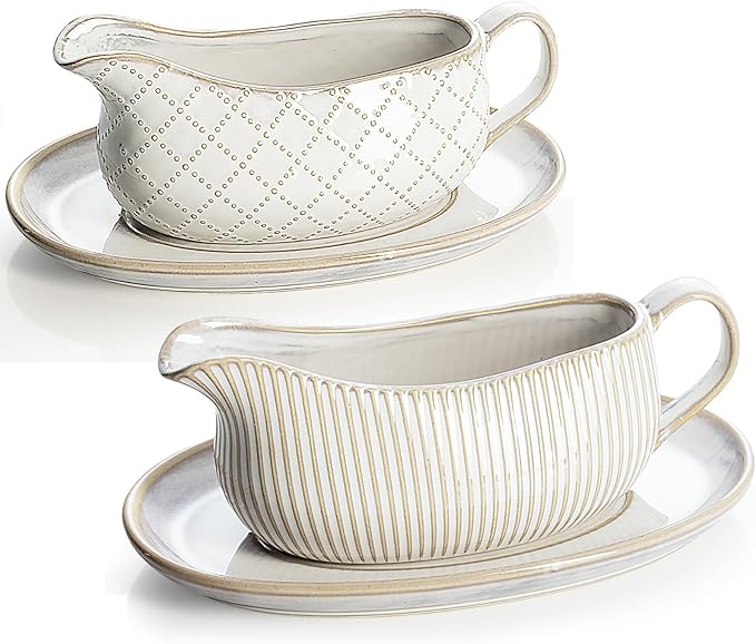 Getstar Gravy Boat with Saucer, Cranberry Sauce Dish Thanksgiving, Ceramic Gravy Dish Bowl, Microwave & Dishwasher Safe (2 Pieces)