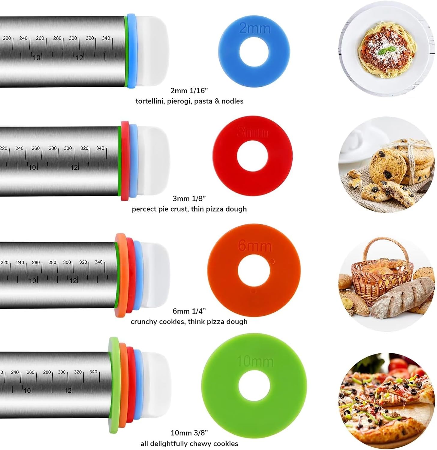 Stainless Steel Rolling Pin and Silicone Mat Set, Adjustable Thickness Rings - For Baking Dough, Pizza, Pies, Pastries, Pasta, Cookies