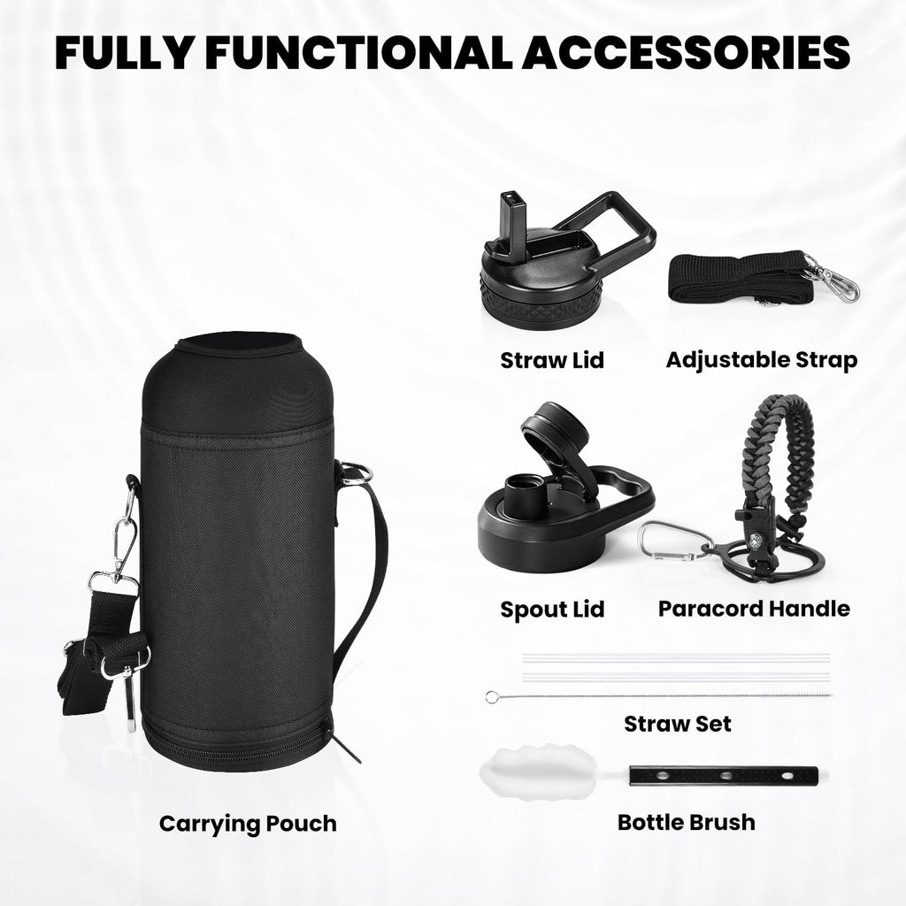 Insulated Water Bottle 32 oz, Triple Wall Vacuum Stainless Steel (Cold for 48 Hrs), Leak Proof & Non-BPA, Modern Water Flask Jug with Paracord Handle & Straw Spout Lids, Dark Grey