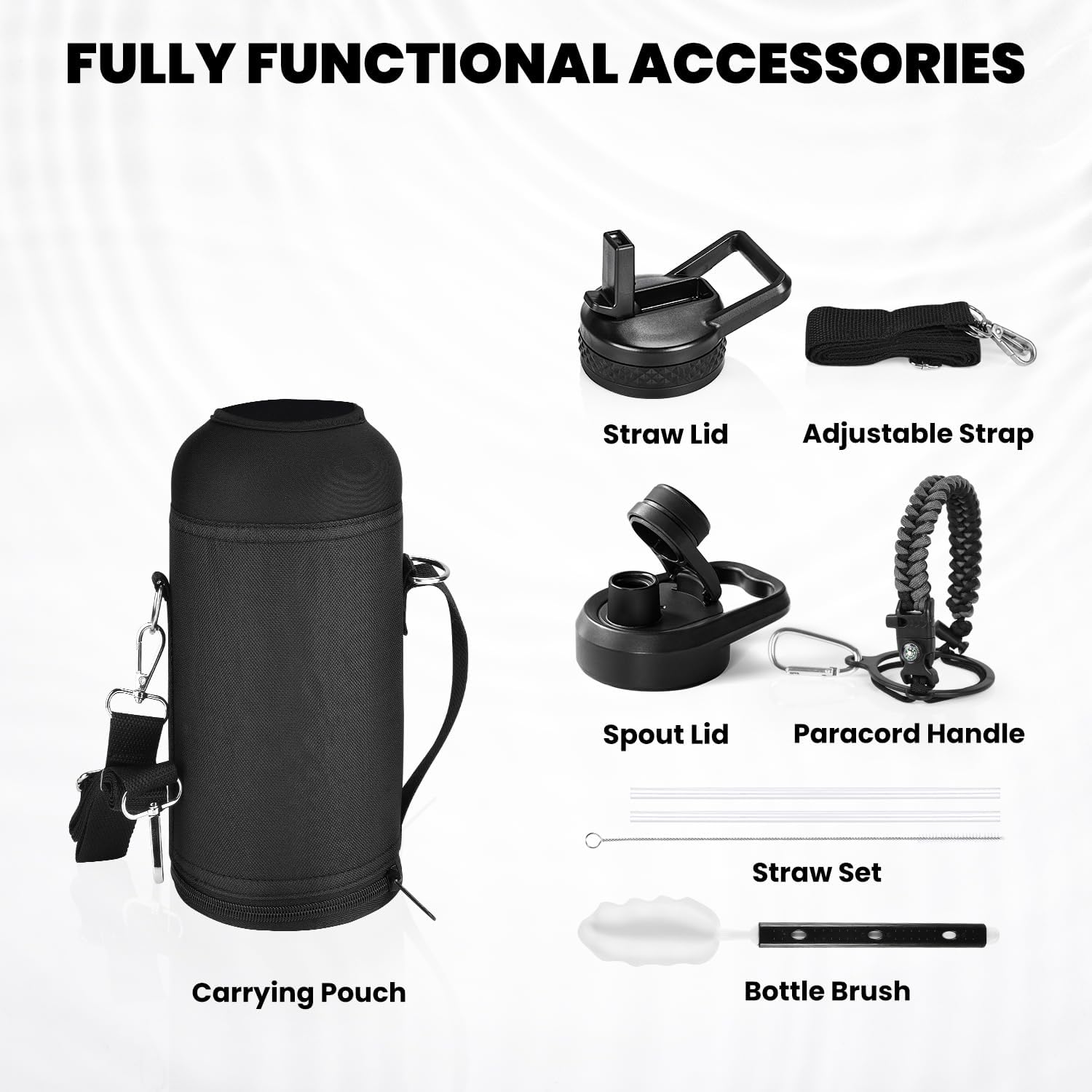 Insulated Water Bottle 32 oz, Triple Wall Vacuum Stainless Steel (Cold for 48 Hrs), Leak Proof & Non-BPA, Modern Water Flask Jug with Paracord Handle & Straw Spout Lids, Dark Grey