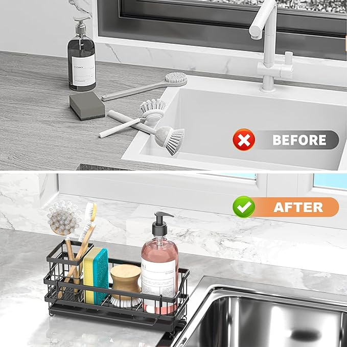 Sponge Holder for Kitchen Sink - Countertop Rustproof Stainless Steel, Sink Caddy, Kitchen Gadgets Accessories (Black)