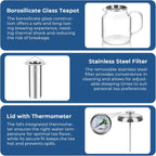 Aquach 68oz Glass Teapot with Built-in Thermometer, Stovetop & Dishwasher Safe, Borosilicate Carafe and Stainless Steel Removable Infuser