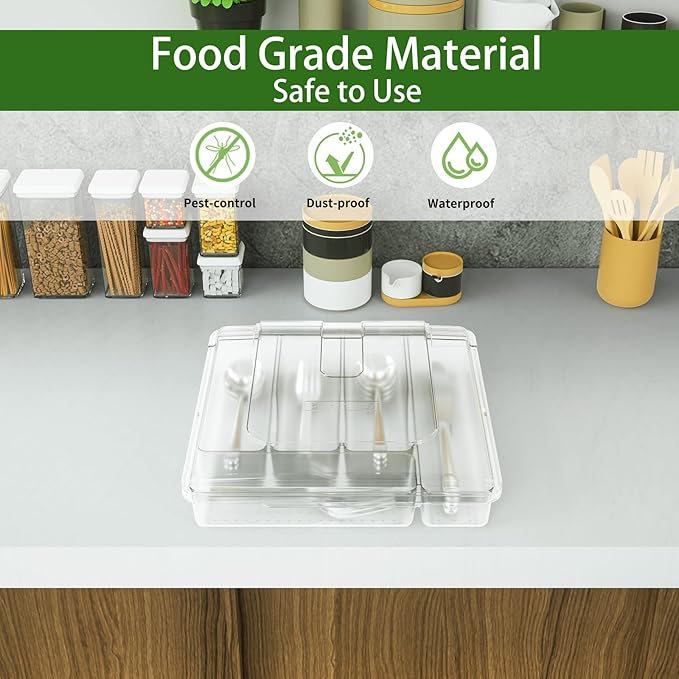 Silverware Tray with Lid, Utensil Drawer Organizer for Kitchen Countertop Plastic Flatware Organizers and Storage holder 5 Compartments