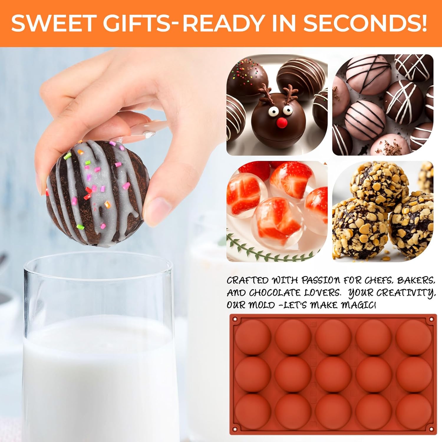 Semi Sphere Silicone Molds, 15 Cavities Half Sphere Hot Chocolate Bombs Mold for Making Jelly, Chocolates and Cake, Pack of 2