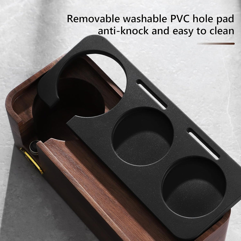 Bincoo Espresso Tamper Station - Walnut Wood Espresso Organizer for Storage 51-58mm Tamper,Distributor,Portafilter,Puck Screen,Coffee Station Holder for Coffee Bar, Adjustable Height
