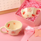 Ceramic Coffee Mug Vintage Flower Mugs 8 oz Cute Floral Coffee Mugs Irregular Latte Art Cup Lead-free Porcelain Cups for Cappuccino, Cocoa (2 Pcs Pink Cherry)