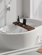 Tinamo 35”L Wooden Bathtub Tray, Bathtub Caddy Tray For Tub with Tablet Slot & Wine Holder - Acacia Bath Tray For Tub, Bath Table - Bathtub Tray Table with Adjustable Legs (Walnut color, 35"x 9"x2.5")