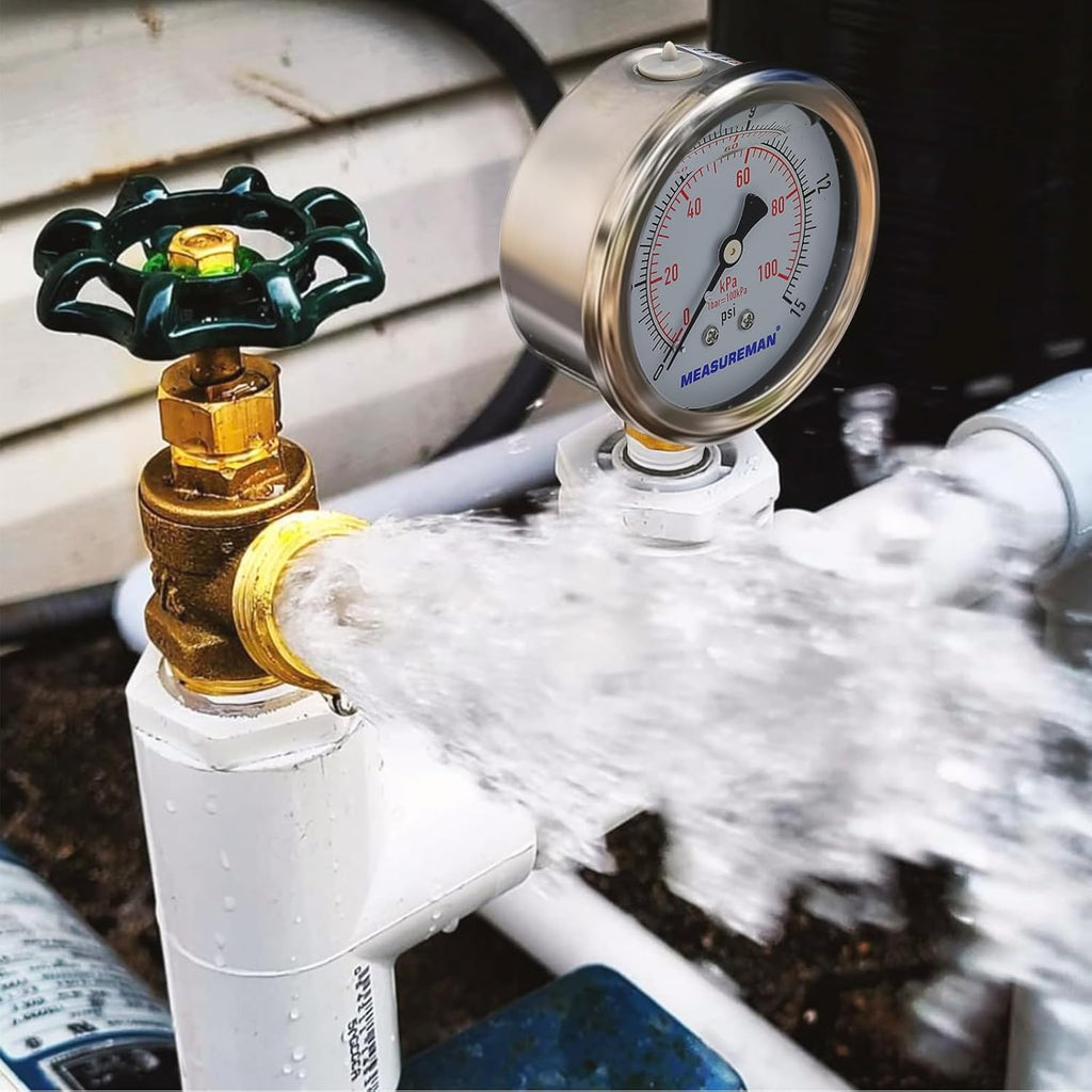 MEASUREMAN 2-1/2inch Dial Size, Glycerin Filled Pressure Gauge, 0-15psi/100kpa, 304 Stainless Steel Case, 1/4inch NPT Lower Mount