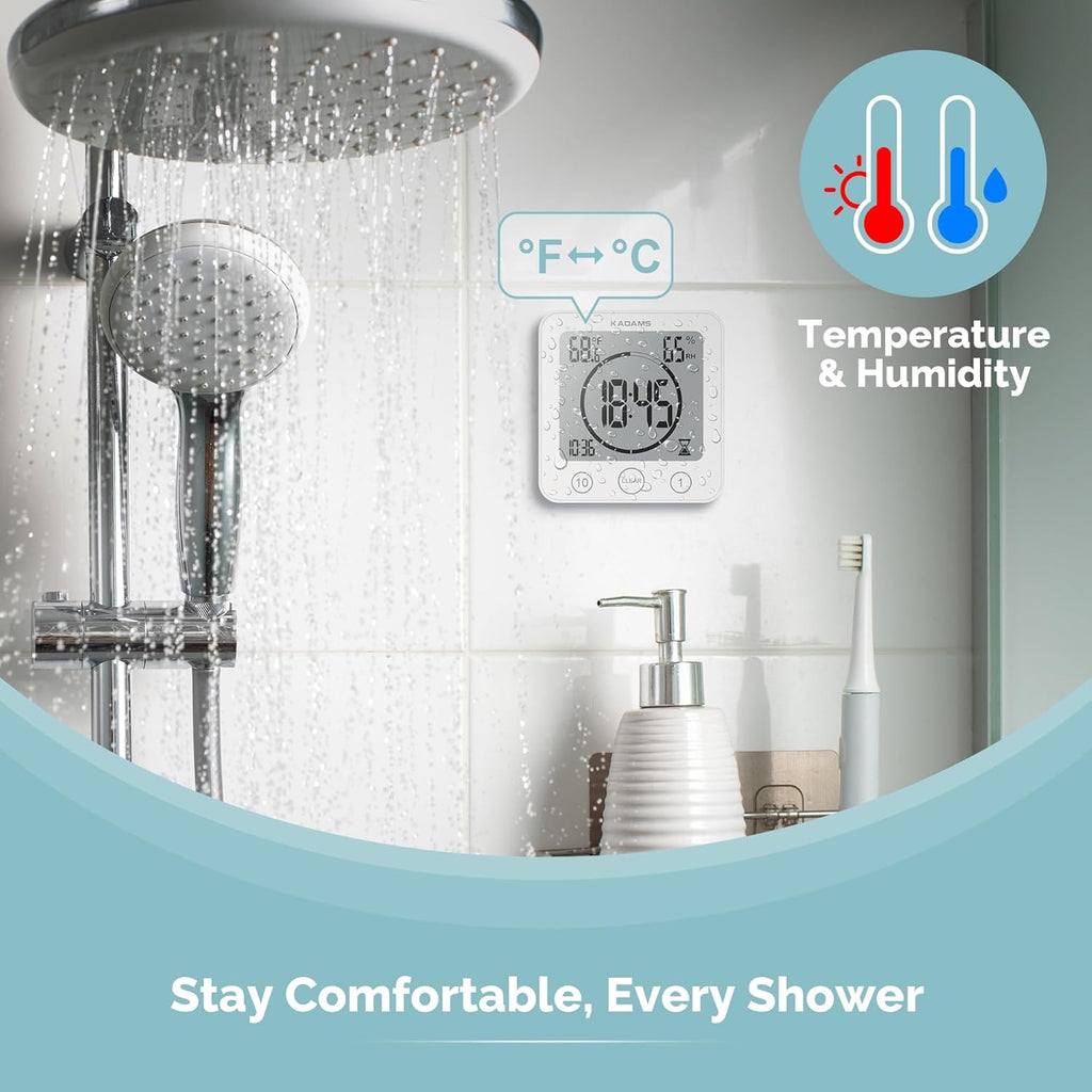 KADAMS Shower Clock Waterproof Bathroom Timer – Digital Wall Clock with Countdown, Magnetic Kitchen Clock with Temperature & Humidity, Suction Cup for Kids Shower Spa Sauna Cook Bath, White