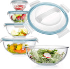 WhiteRhino Glass Mixing Bowl with Lids Set of 5, 0.2, 0.5, 1.1, 2.1, 3.75 QT, Large Salad Bowls with BPA-Free Lids, Space-Saving Nesting Bowls for Kitchen Food Storage, Glass bowl for Cooking, Baking