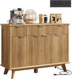 QUW Fluted Sideboard Buffet Cabinet with Charging Station, 47.2" Kitchen Storage Cabinet with Drawers and Adjustable Shelves, Modern Coffee Bar Kitchen Table for Dining Room, Living Room, Natural Oak