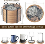 Wood Coasters Set of 6 with Holder, Cewiru Cup Mat for Drinks, Absorbent Coasters with Felt Insert for Coffee Table Protection, Modern Style Home Dining Table Decor, 4.3" Mix Brown