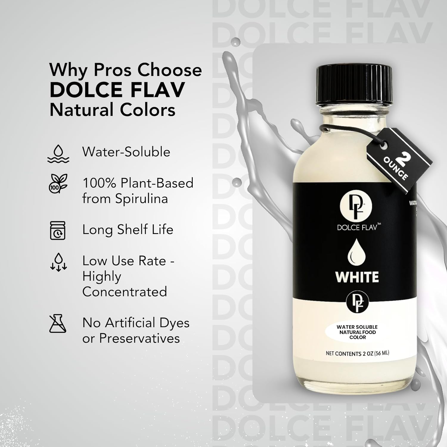 Dolce Flav Natural White Food Coloring – 2 oz Liquid Whitening Dye from Palm Oil with Graduated Dropper | Water-Soluble | For Frostings, Fillings & Beverages | Kosher | Made in USA