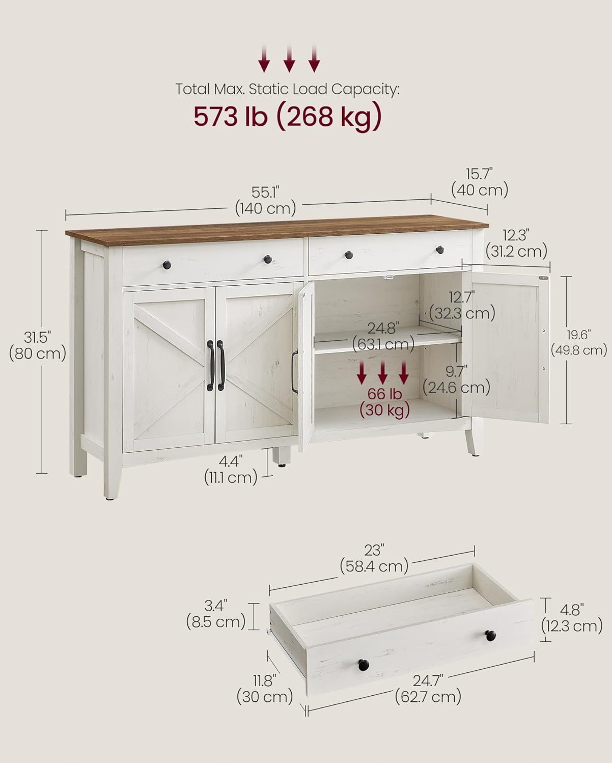 VASAGLE LIRY Collection - Buffet Cabinet, Coffee Bar Cabinet with 2 Drawers, Adjustable Shelves, Sideboard Storage with Cable Holes, Drawer Dividers, Rustic White and Honey Brown UBBK381W01