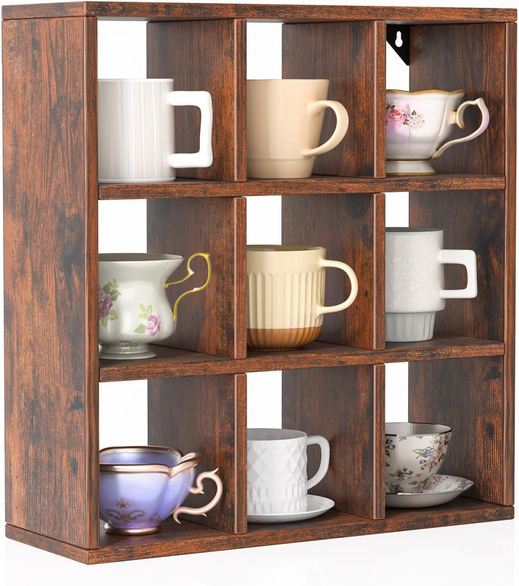 Helsin 9 Grid Vintage Coffee Mug Display Rack, 16inch Wall Mounted Wooden Curio Shadow Box Shelf, Cup Floating Shelves Display and Organizer (Bronze)