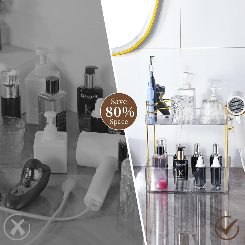 Bathroom Counter Organizer, Large Makeup Organizer Countertop, Shelf Storage, Vanity Tray, Easily Assemble for Bathroom Organizers and Storage, Undersink, Cabinet, 2 Tiers Clear