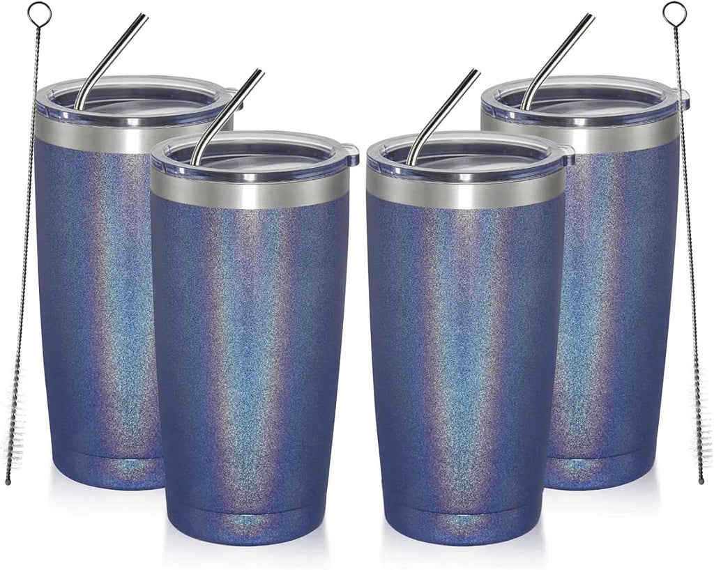 MEWAY 20oz Tumbler 4 Pack Double Wall Vacuum Insulated Travel Glitter Mug Bulk, Stainless Steel Tumblers with Lid and Straw, Powder Coated Coffee Cups for Woman(Rainbow Navy,Set of 4)
