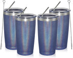 MEWAY 20oz Tumbler 4 Pack Double Wall Vacuum Insulated Travel Glitter Mug Bulk, Stainless Steel Tumblers with Lid and Straw, Powder Coated Coffee Cups for Woman(Rainbow Navy,Set of 4)