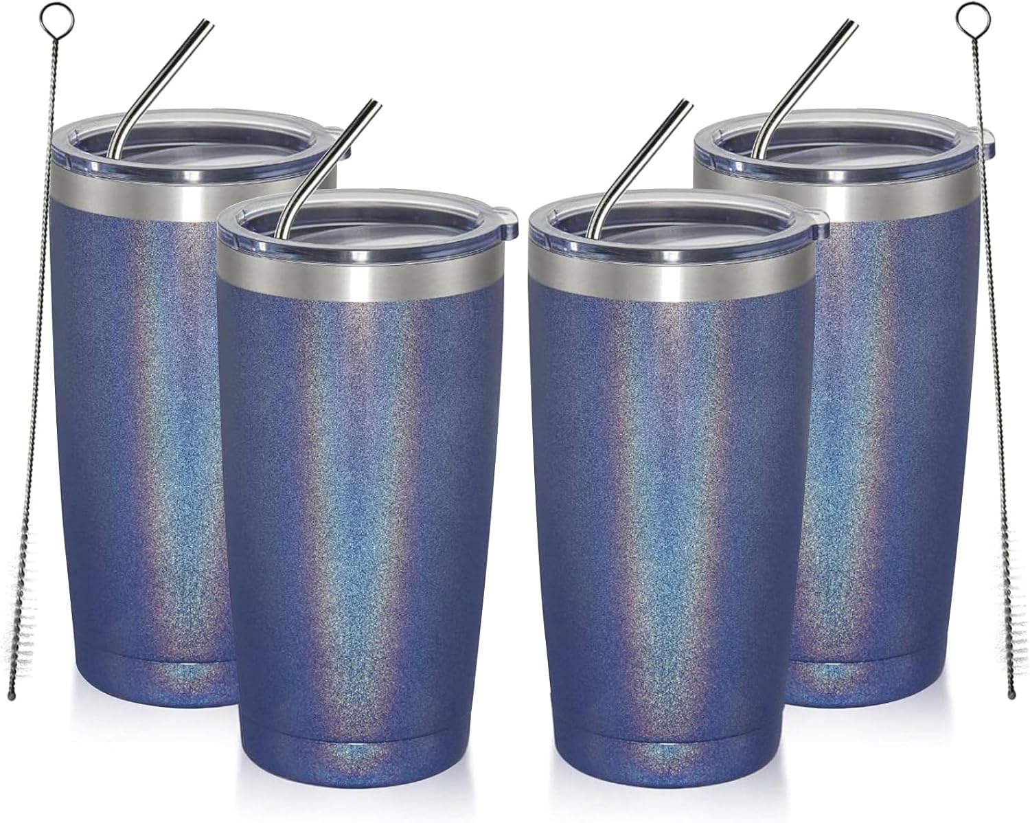 MEWAY 20oz Tumbler 4 Pack Double Wall Vacuum Insulated Travel Glitter Mug Bulk, Stainless Steel Tumblers with Lid and Straw, Powder Coated Coffee Cups for Woman(Rainbow Navy,Set of 4)