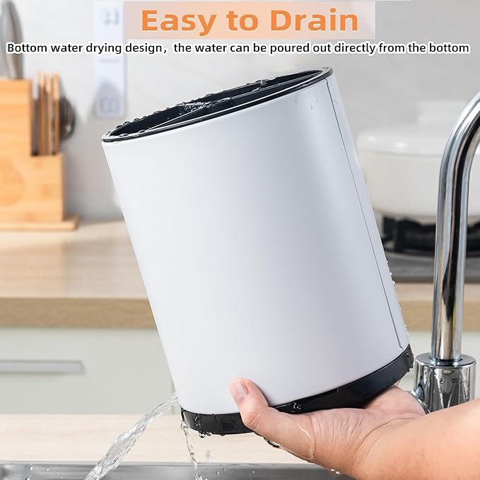 Kitchen Utensil Holder Extra Large 360°Rotating For Counter Organizer Stainless Steel Storage Cooking Silverware Caddy 3 Compartment Flatware Spoon Spatula Tool Cutlery Container（White）