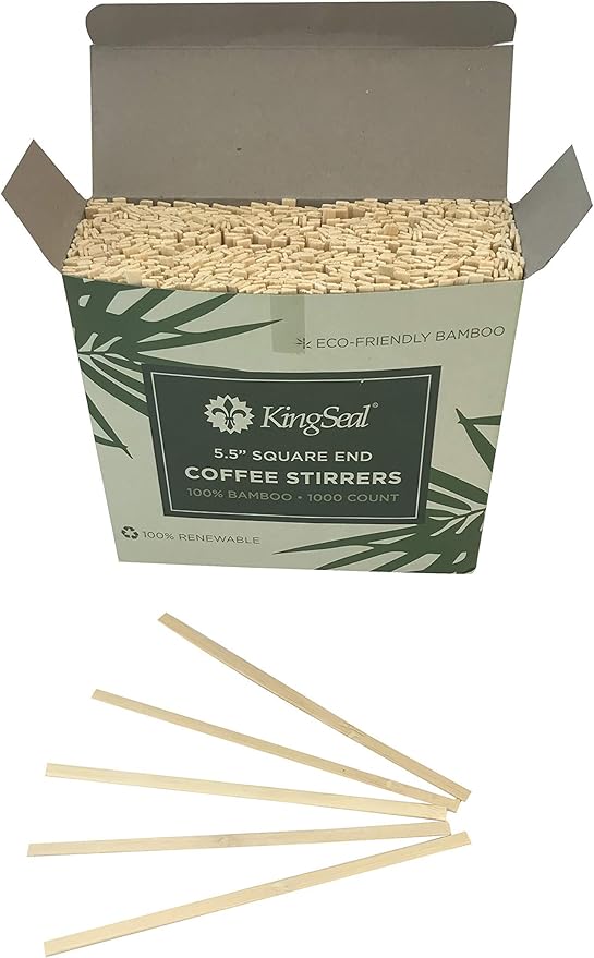 1000 Count | KingSeal Bamboo Coffee Stir Sticks, 5.5 inches, Square End, Stronger and Thicker Than Standard Wood, 100% Renewable and Biodegradable - 1 Box of 1000 Stirrers