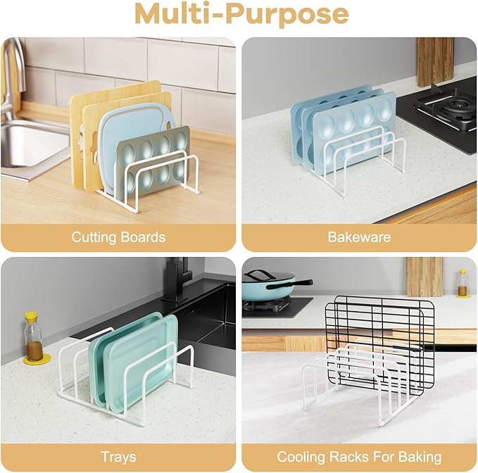 Cutting Board Organizer and Baking Sheet Rack, [2-Pack] White Heavy Duty Metal Cookie Sheet Organizer for Cutting Board Storage & Plate Holder for Cabinet, Tray Dividers for Cabinets