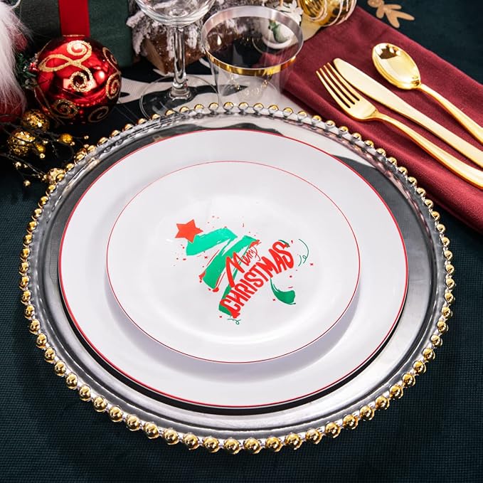 KIRE 25 Guest Christmas Plates - White & Green Tree Plastic Plates & Gold Disposable Utensils & Clear Gold Cups for Christmas Parties